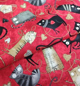 No Ordinary Cats - Tossed Cats - Red by Northcott 1/2yd Cuts